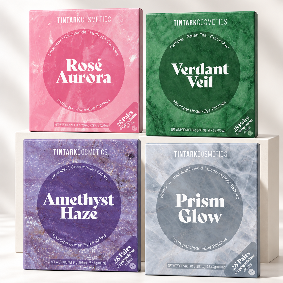 TINTARK Crystal Hydrogel Under-Eye Patches Set –Rosé Aurora, Verdant Veil, Amethyst Haze & Prism Glow, 112 Pairs